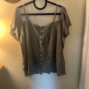 Lucky Brand Olive Green Lace-Trim Button Front Cold-Shoulder Top